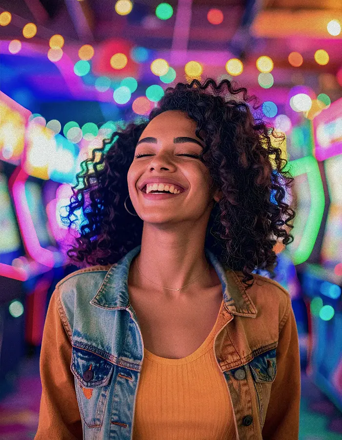 Firefly_A relaxed player smiling with eyes closed in a colorful arcade room, surrounded by gl 164877 copie 2